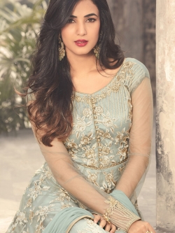 Blue Net Floral Design Anarkali Suits