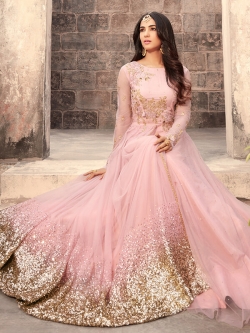 Light Pink Net Floral Design Anarkali Suits