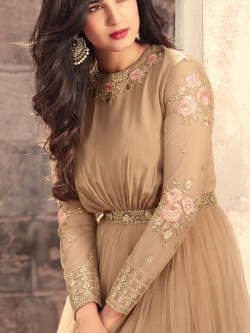 Beige Net Floral Design Anarkali Suits