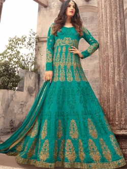 Green Banarasi Silk Floral Design Anarkali Suits