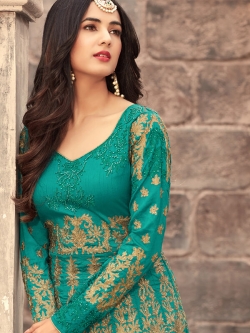 Green Banarasi Silk Floral Design Anarkali Suits