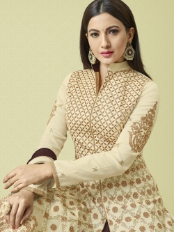 Cream Malbry Silk With Fusing Embroidery Long Choli Lehengas