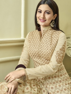 Cream Malbry Silk With Fusing Embroidery Long Choli Lehengas