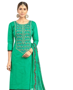 Teal Green Chanderi Cotton Embroidery Work Straight Suits
