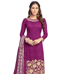 Purple Chanderi Cotton Embroidery Work Straight Suits