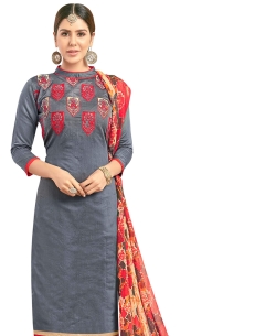 Grey Chanderi Cotton Embroidery Work Straight Suits