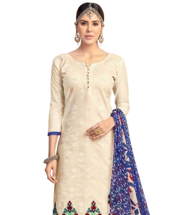 Cream Chanderi Cotton Embroidery Work Straight Suits