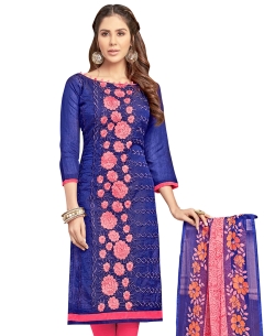 Blue Chanderi Cotton Embroidery Work Straight Suits