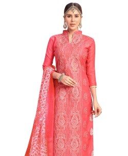 Peach Chanderi Cotton Embroidery Work Straight Suits