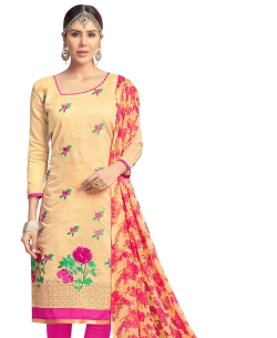 Cream Chanderi Cotton Embroidery Work Straight Suits