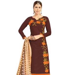 Brown Chanderi Cotton Embroidery Work Straight Suits