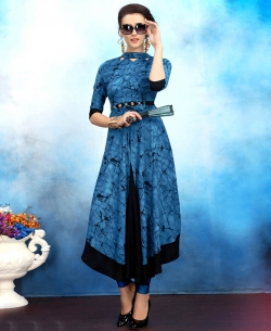 Blue Rayon Printed Anarkali Kurtis