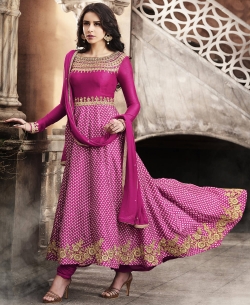 Pink Slub Satin Fabrics Embroidery Anarkali Suits