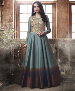 Grey Tussar Silk Fabrics Embroidery Anarkali Suits