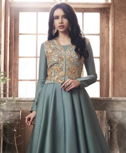 Grey Tussar Silk Fabrics Embroidery Anarkali Suits