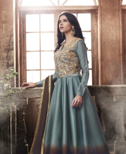 Grey Tussar Silk Fabrics Embroidery Anarkali Suits