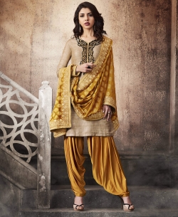 Beige Khadi Silk Embroidery Patiala Suits