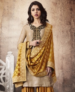 Beige Khadi Silk Embroidery Patiala Suits
