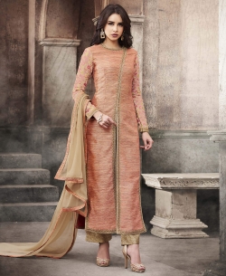 Peach Slub Silk Plain Straight Pant Suits