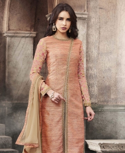 Peach Slub Silk Plain Straight Pant Suits