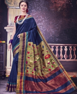 Navy Blue Bhagalpuri Foil Zari Work Cotton Sarees