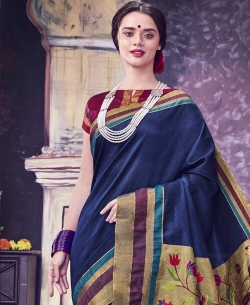 Navy Blue Bhagalpuri Foil Zari Work Cotton Sarees