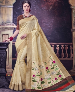 Cream Bhagalpuri Foil Zari Work Cotton Sarees