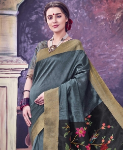 Grey Bhagalpuri Foil Zari Work Cotton Sarees
