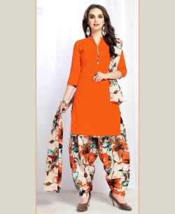 Orange Cotton Printed Patiala Suits
