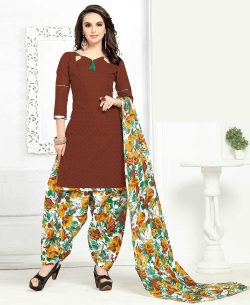 Brown Cotton Printed Patiala Suits