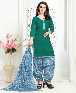 Green Cotton Printed Patiala Suits