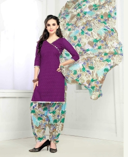 Purple Cotton Printed Patiala Suits