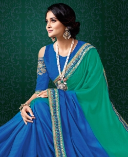 Blue Soft Satin Silk Border Work Border Sarees