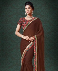 Brown Chiffon Border Work Border Sarees