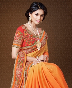 Orange Soft Satin Chiffon Border Work Border Sarees