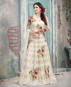 Cream Net Floral Design Anarkali Suits