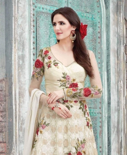 Cream Net Floral Design Anarkali Suits