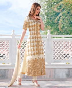 Cream Cotton Embroidery Straight Pant Suits