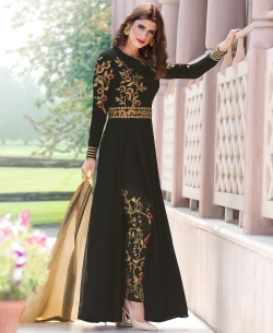 Black Faux Georgette Floral Design Salwar Suits