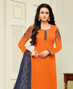 Orange Jacquard Cotton Printed Straight Suits