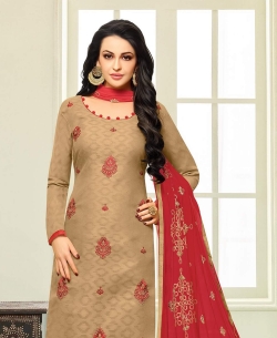 Beige Jacquard Cotton Embroidery Straight Suits