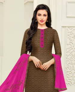 Brown Jacquard Cotton Plain Straight Suits