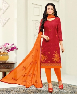 Red Jacquard Cotton Embroidery Straight Suits