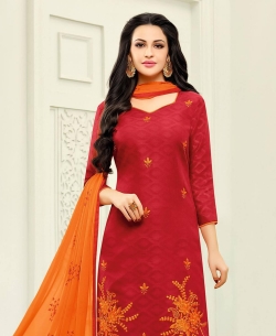 Red Jacquard Cotton Embroidery Straight Suits
