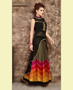 Black Bangalori Silk & Georgette Plain Long Choli Lehengas