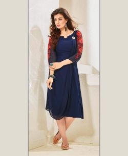 Navy Blue Cotton Satin Digital Printed Anarkali Kurtis