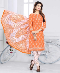 Orange Cotton Printed Chudidhar Suits