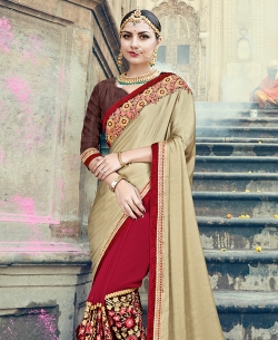 Cream Fancy Fabric Embroidery Half And Half Sarees
