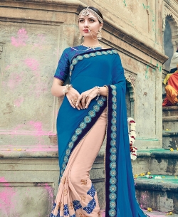 Blue Fancy Fabric Embroidery Half And Half Sarees