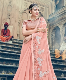 Peach Fancy Fabric Embroidery Designer Sarees